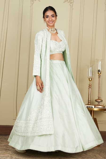 Buy_Sheetal Batra_Green Pure Habutai Dupatta Silk Organza Dori Zanira Embroidered Lehenga Set_Online_at_Aza_Fashions