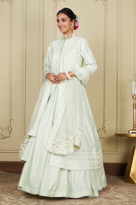 Shop_Sheetal Batra_Green Pure Habutai Dupatta Silk Organza Dori Zanira Embroidered Lehenga Set_Online_at_Aza_Fashions