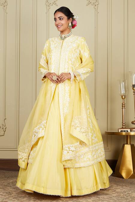Buy_Sheetal Batra_Yellow Pure Habutai Dupatta Silk Organza Dori Work Jacket Zahria Lehenga Set_Online_at_Aza_Fashions