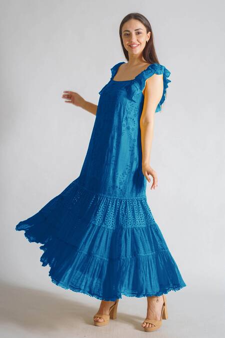 Shop Payal Jain Blue Cutwork Cotton Sqaure Floral Embroidered Dress at Aza Fashions Shop_Payal Jain_Blue Cutwork Cotton Sqaure Floral Embroidered Dress_at_Aza_Fashions