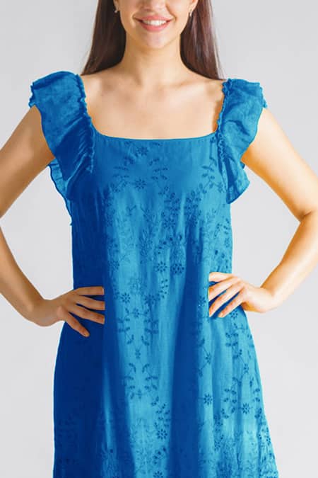 Buy Payal Jain Blue Cutwork Cotton Sqaure Floral Embroidered Dress Online at Aza Fashions Buy_Payal Jain_Blue Cutwork Cotton Sqaure Floral Embroidered Dress_Online_at_Aza_Fashions