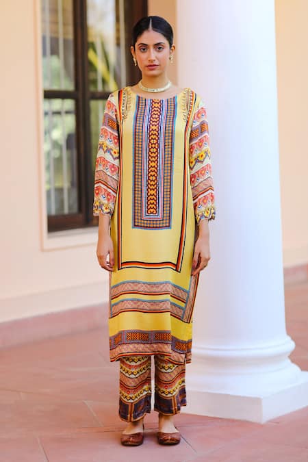 Sage Saga_Multi Color Silk Satin Blend Abstract Round Kurbat Printed Kurta And Palazzo Set_Online_at_Aza_Fashions