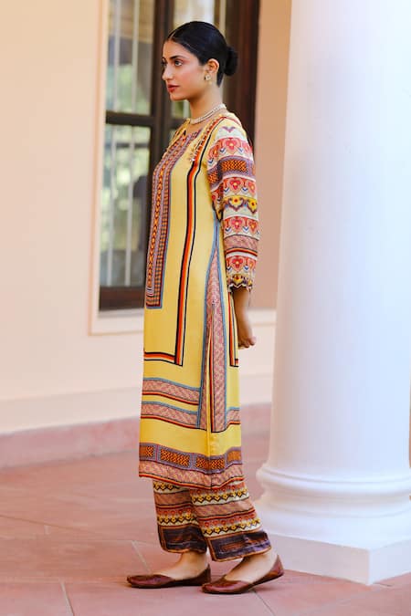 Buy_Sage Saga_Multi Color Silk Satin Blend Abstract Round Kurbat Printed Kurta And Palazzo Set_Online_at_Aza_Fashions