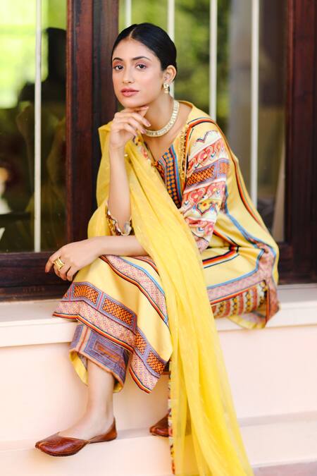 Buy_Sage Saga_Multi Color Chiffon, Silk Satin Blend Abstract Kurbat Printed Kurta Palazzo Set_Online_at_Aza_Fashions