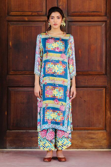 Sage Saga_Multi Color Silk Satin Blend Abstract Round Kurbat Printed Kurta And Palazzo Set _Online_at_Aza_Fashions