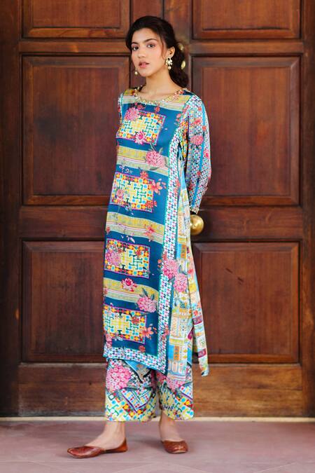 Buy_Sage Saga_Multi Color Silk Satin Blend Abstract Round Kurbat Printed Kurta And Palazzo Set _Online_at_Aza_Fashions