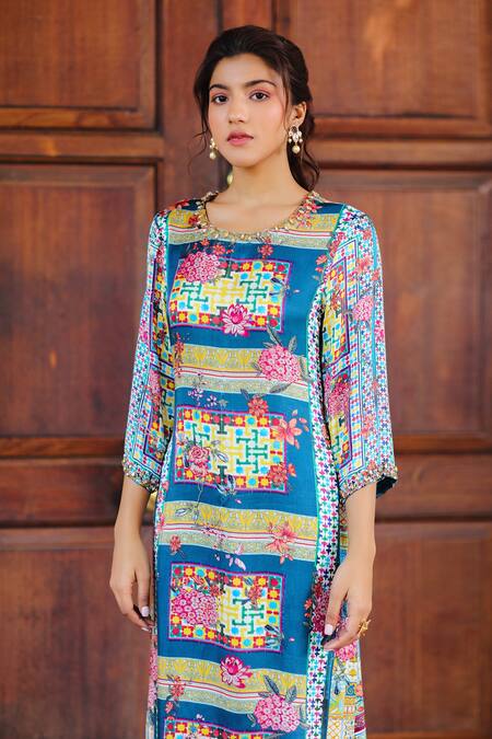 Shop_Sage Saga_Multi Color Silk Satin Blend Abstract Round Kurbat Printed Kurta And Palazzo Set _Online_at_Aza_Fashions