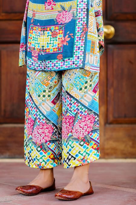 Sage Saga_Multi Color Chiffon, Silk Satin Blend Abstract Kurbat Printed Kurta Palazzo Set_at_Aza_Fashions