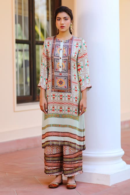 Sage Saga_Multi Color Silk Satin Blend Floral Round Kurbat Printed Kurta And Palazzo Set_Online_at_Aza_Fashions