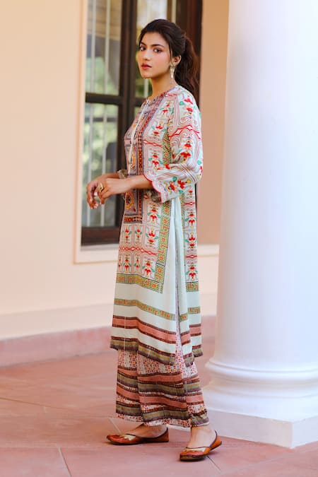 Buy_Sage Saga_Multi Color Silk Satin Blend Floral Round Kurbat Printed Kurta And Palazzo Set_Online_at_Aza_Fashions