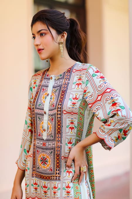 Shop_Sage Saga_Multi Color Silk Satin Blend Floral Round Kurbat Printed Kurta And Palazzo Set_Online_at_Aza_Fashions