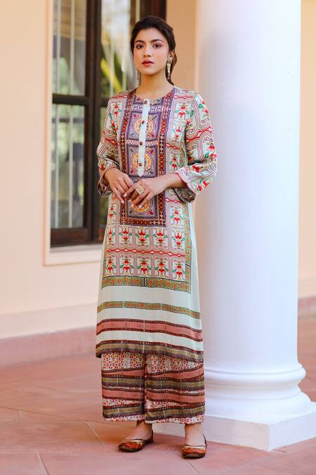 Sage Saga_Multi Color Chiffon, Silk Satin Blend Abstract Kurbat Printed Kurta Palazzo Set_Online_at_Aza_Fashions
