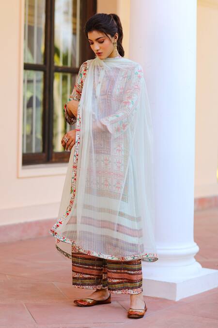 Buy_Sage Saga_Multi Color Chiffon, Silk Satin Blend Abstract Kurbat Printed Kurta Palazzo Set_Online_at_Aza_Fashions
