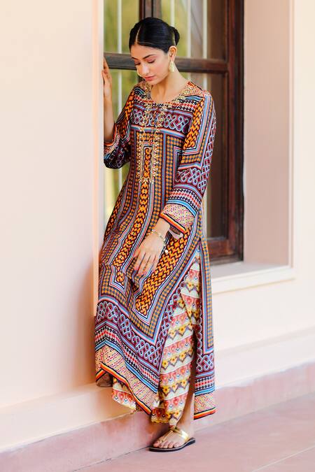 Buy_Sage Saga_Multi Color Silk Satin Embroidery Kumud Abstract Print Kurta For Kids_Online_at_Aza_Fashions