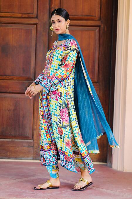 Buy_Sage Saga_Multi Color Silk Satin Embroidery Kumud Abstract Print Kurta For Kids_Online_at_Aza_Fashions