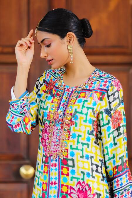 Shop_Sage Saga_Multi Color Silk Satin Embroidery Kumud Abstract Print Kurta For Kids_Online_at_Aza_Fashions