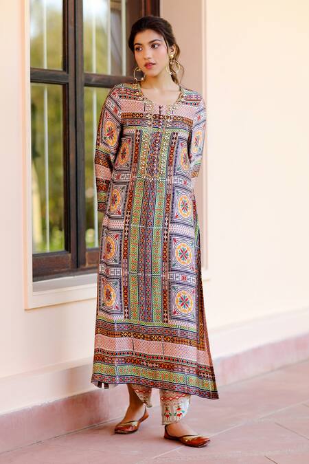 Sage Saga_Multi Color Silk Satin Embroidery Kumud Geometric Print Kurta For Kids_Online_at_Aza_Fashions