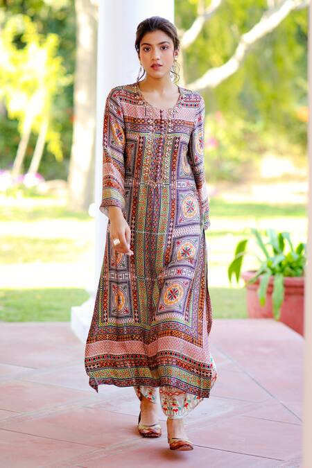 Buy_Sage Saga_Multi Color Silk Satin Embroidery Kumud Geometric Print Kurta For Kids_Online_at_Aza_Fashions
