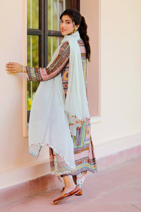 Shop_Sage Saga_Multi Color Silk Satin Embroidery Kumud Geometric Print Kurta For Kids_Online_at_Aza_Fashions