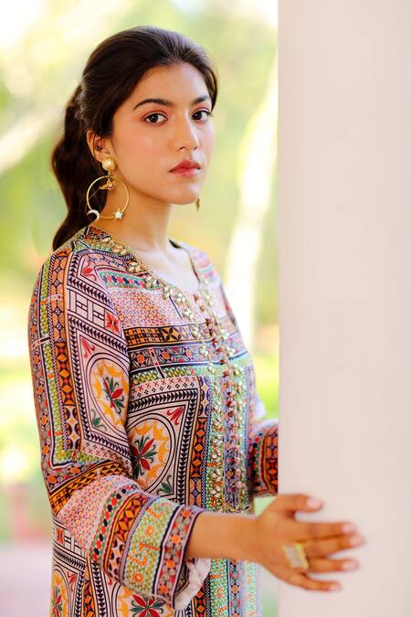 Sage Saga_Multi Color Silk Satin Embroidery Kumud Geometric Print Kurta For Kids_at_Aza_Fashions