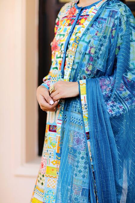 Shop_Sage Saga_Multi Color Chiffon, Silk Satin Blend Abstract Kusum Printed Kurta Palazzo Set_Online_at_Aza_Fashions