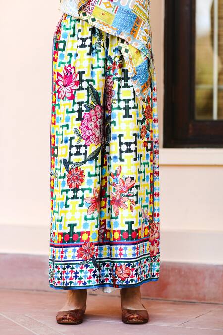 Sage Saga_Multi Color Chiffon, Silk Satin Blend Abstract Kusum Printed Kurta Palazzo Set_at_Aza_Fashions