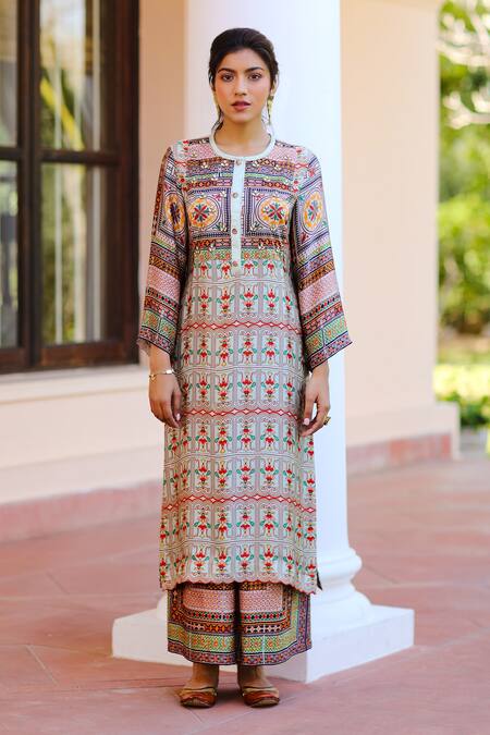 Sage Saga_Multi Color Chiffon, Silk Satin Blend Floral Kusum Printed Kurta Palazzo Set_Online_at_Aza_Fashions