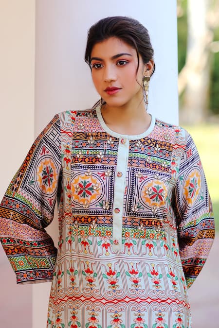 Shop_Sage Saga_Multi Color Chiffon, Silk Satin Blend Floral Kusum Printed Kurta Palazzo Set_Online_at_Aza_Fashions