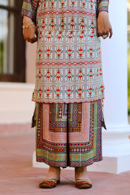 Sage Saga_Multi Color Chiffon, Silk Satin Blend Floral Kusum Printed Kurta Palazzo Set_at_Aza_Fashions