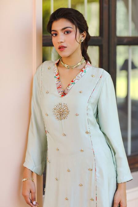 Shop_Sage Saga_Green Chiffon, Silk Satin Blend Floral V Neck Kubra Embroidered Kurta Set _Online_at_Aza_Fashions