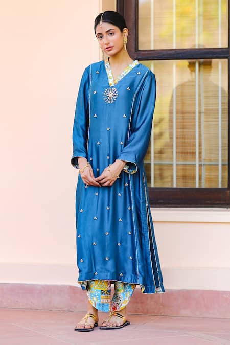 Sage Saga Blue Silk Satin Blend Floral V Neck Kubra Embroidered Kurta