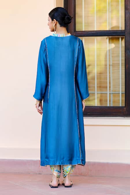 Shop Sage Saga Blue Silk Satin Blend Floral V Neck Kubra Embroidered Kurta at Aza Fashions Shop_Sage Saga_Blue Silk Satin Blend Floral V Neck Kubra Embroidered Kurta_at_Aza_Fashions