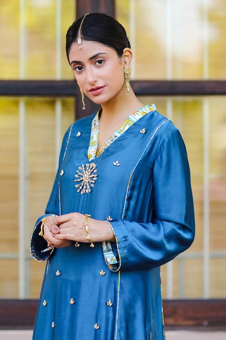 Buy Sage Saga Blue Silk Satin Blend Floral V Neck Kubra Embroidered Kurta Online at Aza Fashions Buy_Sage Saga_Blue Silk Satin Blend Floral V Neck Kubra Embroidered Kurta_Online_at_Aza_Fashions