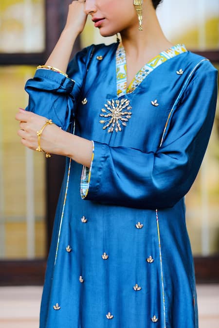 Shop Sage Saga Blue Silk Satin Blend Floral V Neck Kubra Embroidered Kurta Online at Aza Fashions Shop_Sage Saga_Blue Silk Satin Blend Floral V Neck Kubra Embroidered Kurta_Online_at_Aza_Fashions
