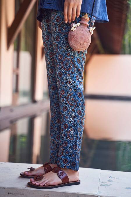 Payal Jain_Blue Satin Ajrakh Print Pant_Online_at_Aza_Fashions