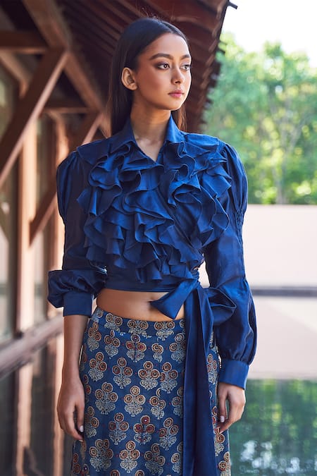 Buy Blue Satin Ruffle Crop Top For Women by Payal Jain Online at