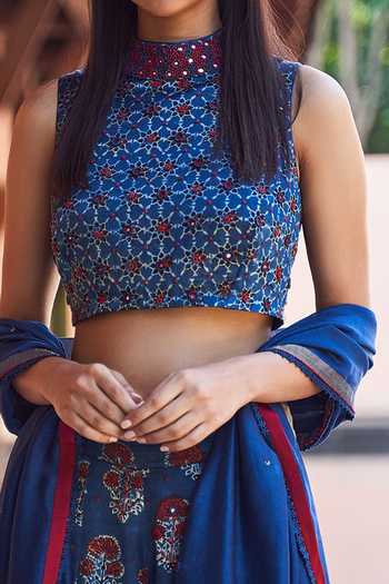 Payal Jain_Blue Satin Ajrakh Print Crop Top_Online_at_Aza_Fashions