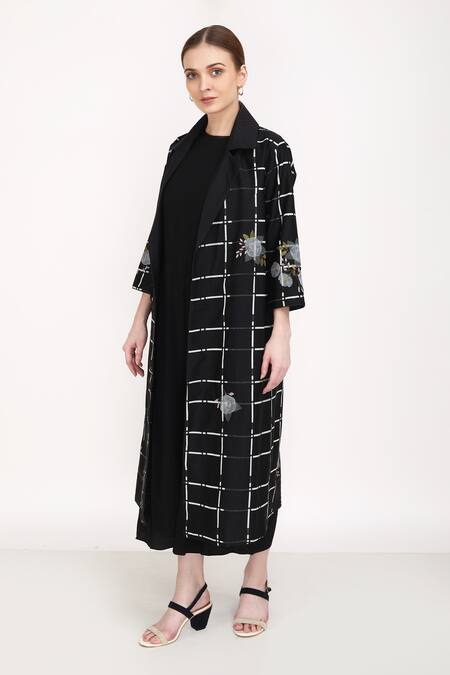 Buy_Arcvsh By Pallavi Singh_Black 100% Silk Organza, Lining Cotton Checkered And Rose Print Notched Jacket_Online_at_Aza_Fashions