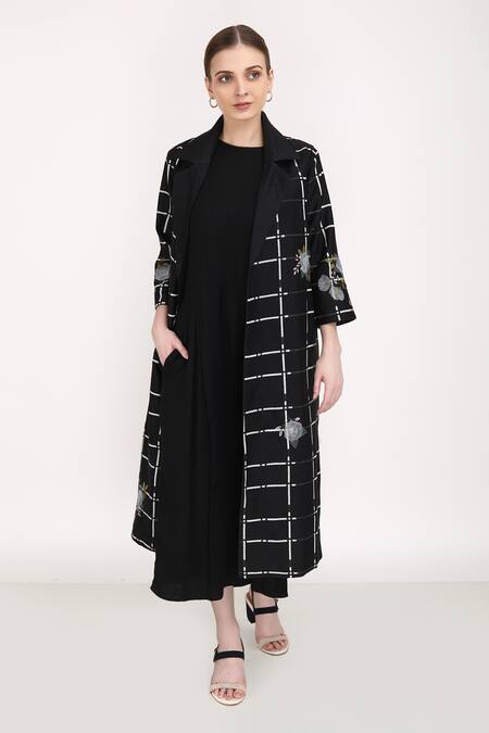 Shop_Arcvsh By Pallavi Singh_Black 100% Silk Organza, Lining Cotton Checkered And Rose Print Notched Jacket_Online_at_Aza_Fashions