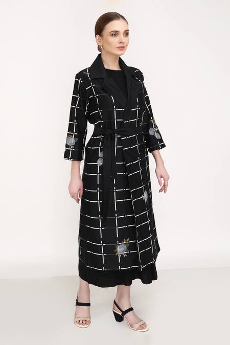 Arcvsh By Pallavi Singh_Black 100% Silk Organza, Lining Cotton Checkered And Rose Print Notched Jacket_at_Aza_Fashions