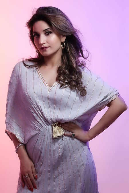 Shop_Palak & Mehak_Grey Rayon Crepe Gota Patti V Neck Embroidered Kaftan Dress 