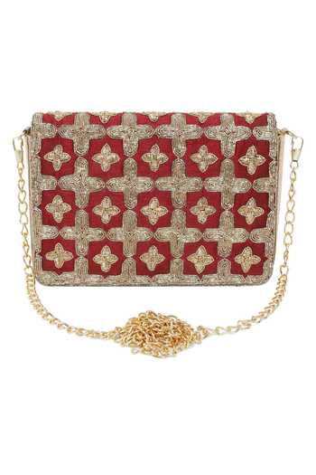 Buy_The Purple Sack_Maroon Embroidery Flap Clutch _Online_at_Aza_Fashions