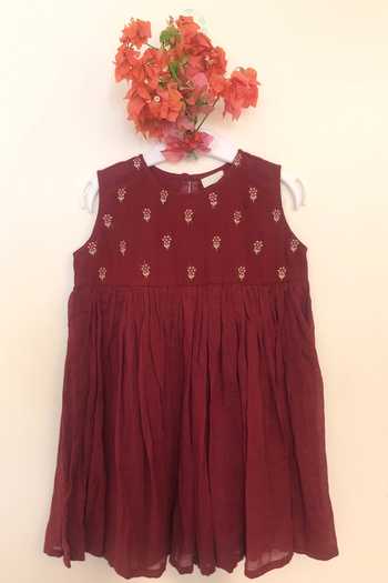 Dot Cotton Embroidered Red Dress 