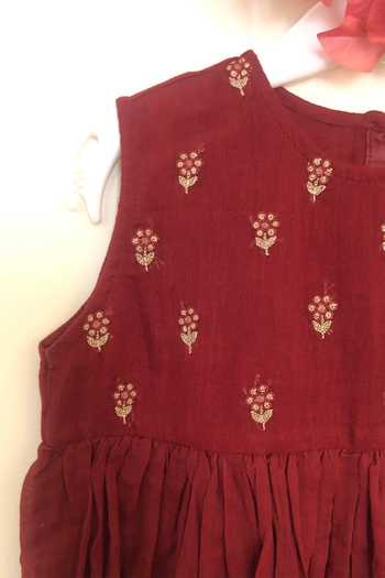 Dot Cotton Embroidered Red Dress 