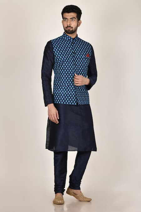 Buy SOJANYA Men Cotton Blend Sky Blue Kurta Off-White Pyjama & Peacock Nehru  Jacket (Set of 3) online