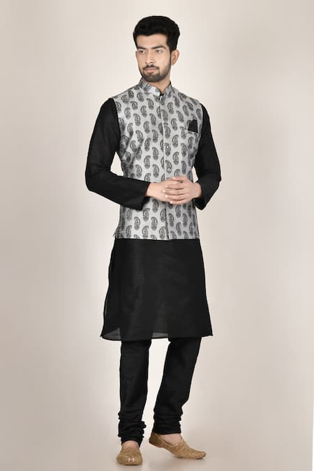 Black chevron printed brocade nehru jacket with black kurta and pyjama -  Set Of Three by The Weave Story | The Secret Label