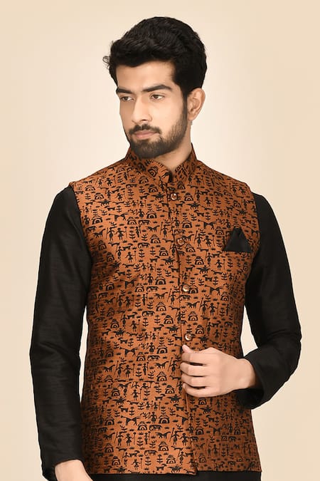 Aryavir Malhotra Black Silk Blend Printed Bundi 