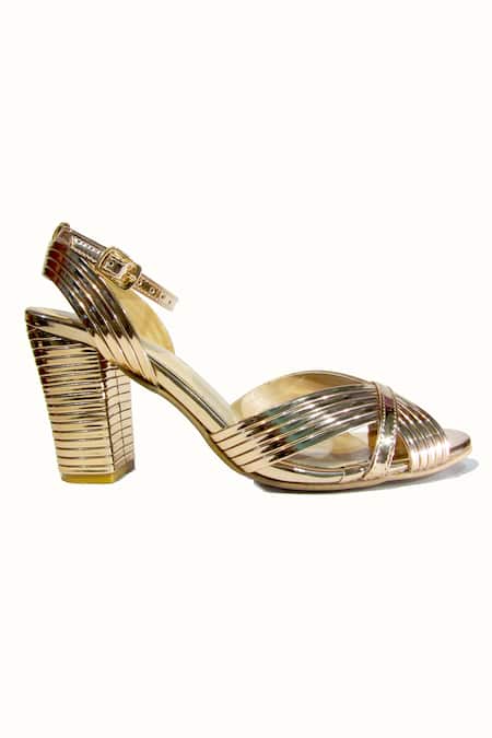 Shop Sephyr Gold Fringe Pleated Ankle Strap Heels at Aza Fashions Shop_Sephyr_Gold Fringe Pleated Ankle Strap Heels _at_Aza_Fashions
