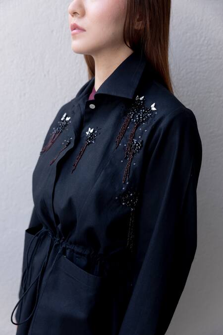 Kavya Singh Kundu Black Cotton Embroidery Collared Noir Overshirt Jacket Online at Aza Fashions Kavya Singh Kundu_Black Cotton Embroidery Collared Noir Overshirt Jacket _Online_at_Aza_Fashions