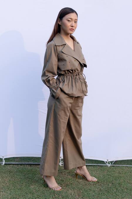 Shop_Kavya Singh Kundu_Beige Cotton Sequins Collared Plain Jacket Top With Pant _Online_at_Aza_Fashions